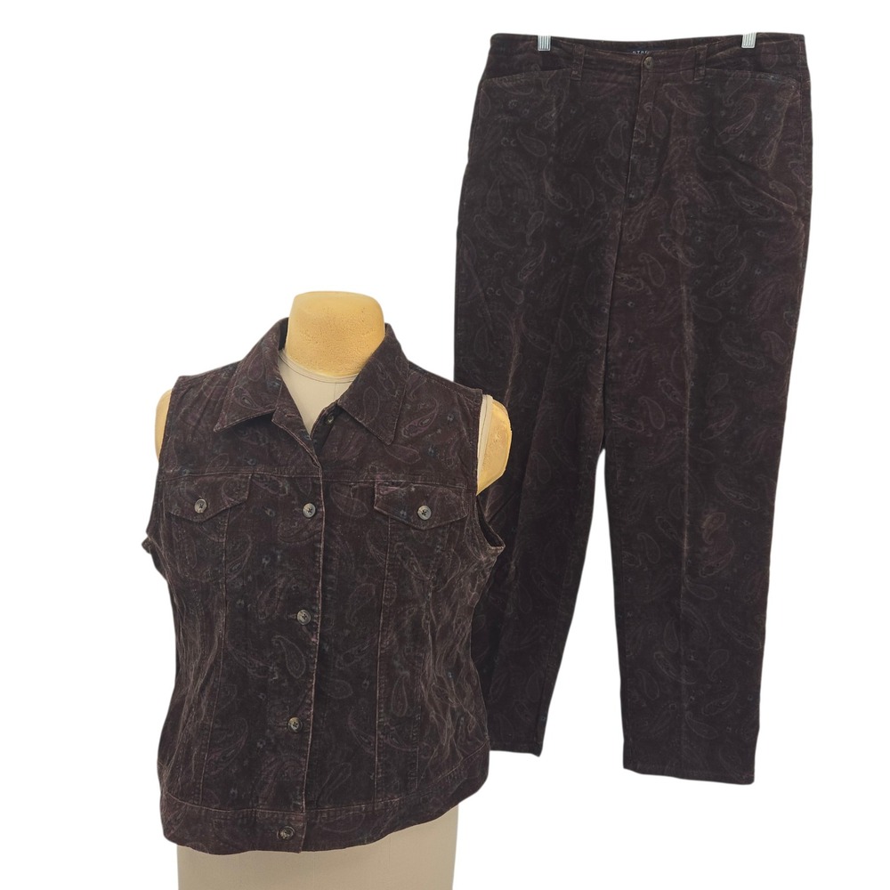 Sleeveless Paisley Corduroy Pantsuit Set - Dark Brown